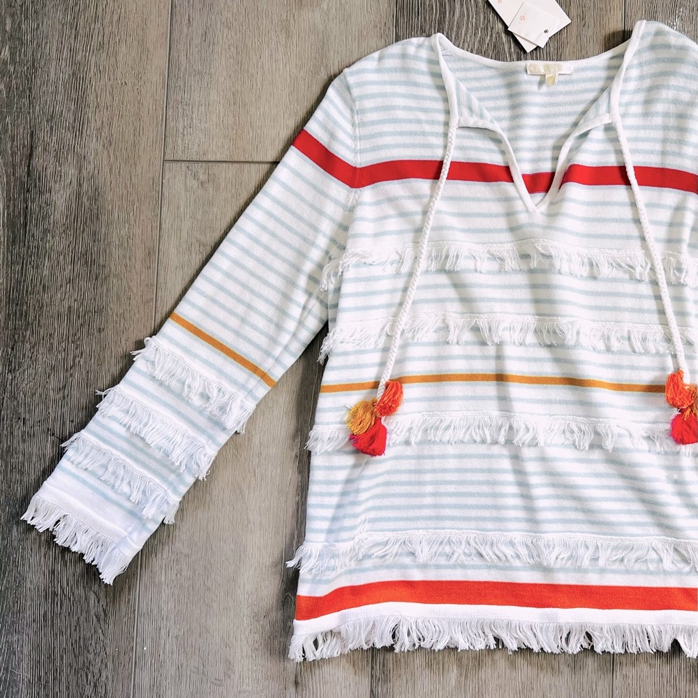 Lisa Todd tassel fringe sweater, white/blue/multicolor, small, NWT